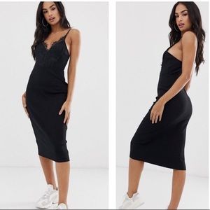 ASOS black midi cami rib bodycon lace top dress 2